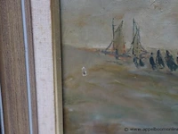 Olie op doek getekend l verhulst, vissers aan zee, 75x67 - afbeelding 4 van  5
