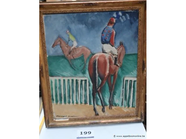 Olie op doek getekend onleesbaar, paardenrace, 65x78 - afbeelding 1 van  5