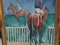 Olie op doek getekend onleesbaar, paardenrace, 65x78 - afbeelding 1 van  5
