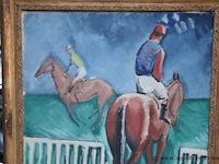 Olie op doek getekend onleesbaar, paardenrace, 65x78 - afbeelding 2 van  5