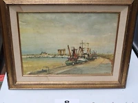 Olie op doek getekend r(oger) baeyens 74, boten op haven - afbeelding 1 van  4