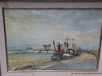 Olie op doek getekend r(oger) baeyens 74, boten op haven - afbeelding 2 van  4