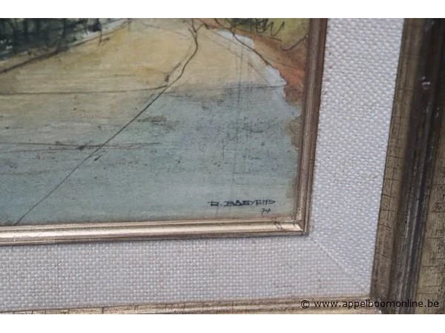 Olie op doek getekend r(oger) baeyens 74, boten op haven - afbeelding 3 van  4