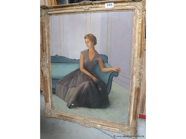 Olie op doek vrouw in salon, getekend frans depooter, 180x150 - afbeelding 1 van  4