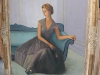 Olie op doek vrouw in salon, getekend frans depooter, 180x150 - afbeelding 1 van  4