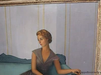 Olie op doek vrouw in salon, getekend frans depooter, 180x150 - afbeelding 2 van  4
