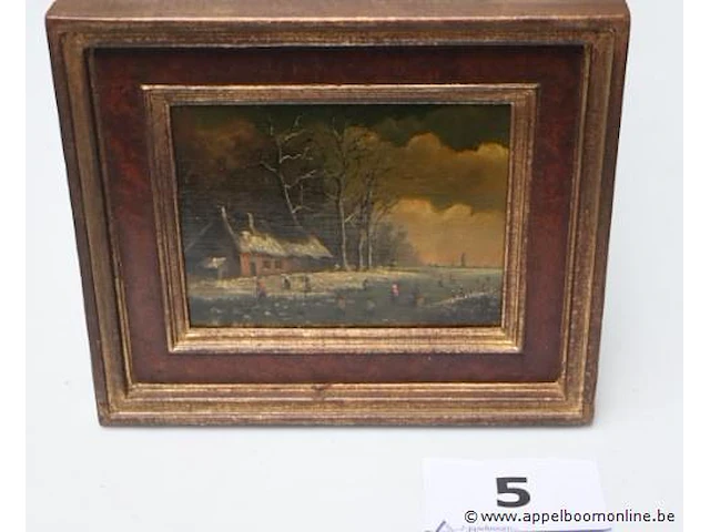 Olie op paneel, rechtsonde getekend v borre, winterlandschap 27x31 - afbeelding 1 van  5