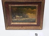 Olie op paneel, rechtsonde getekend v borre, winterlandschap 27x31 - afbeelding 1 van  5
