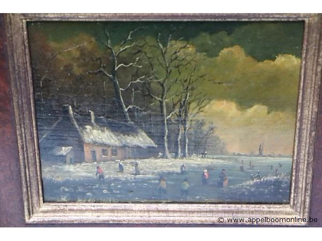 Olie op paneel, rechtsonde getekend v borre, winterlandschap 27x31 - afbeelding 2 van  5