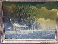 Olie op paneel, rechtsonde getekend v borre, winterlandschap 27x31 - afbeelding 2 van  5