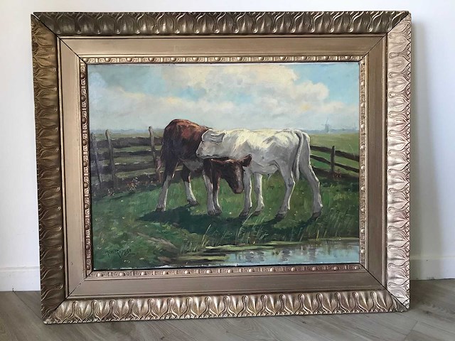 Olieverf schilderij op doek. kalveren in het weiland. gesigneerd. - afbeelding 1 van  8