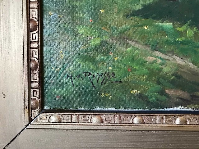 Olieverf schilderij op doek. kalveren in het weiland. gesigneerd. - afbeelding 4 van  8