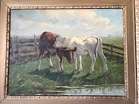 Olieverf schilderij op doek. kalveren in het weiland. gesigneerd. - afbeelding 2 van  8