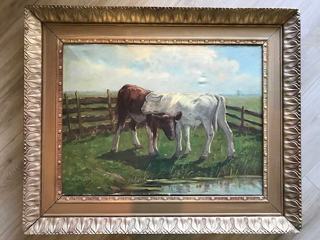 Olieverf schilderij op doek. kalveren in het weiland. gesigneerd. - afbeelding 6 van  8