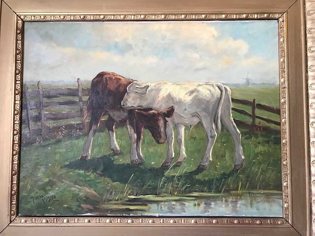 Olieverf schilderij op doek. kalveren in het weiland. gesigneerd. - afbeelding 2 van  8