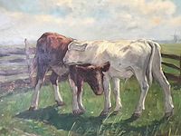 Olieverf schilderij op doek. kalveren in het weiland. gesigneerd. - afbeelding 3 van  8