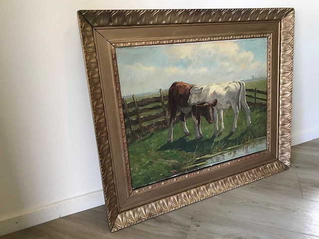 Olieverf schilderij op doek. kalveren in het weiland. gesigneerd. - afbeelding 5 van  8