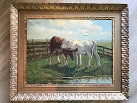 Olieverf schilderij op doek. kalveren in het weiland. gesigneerd. - afbeelding 6 van  8