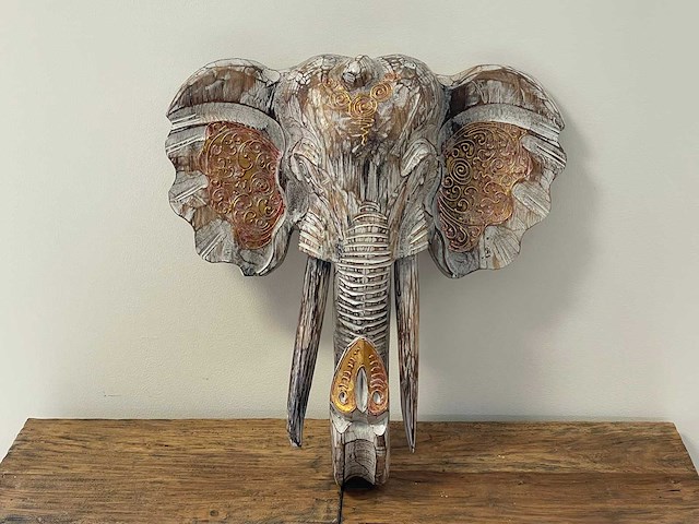 Olifantenkop in hout h48cm wit/goud - afbeelding 1 van  3