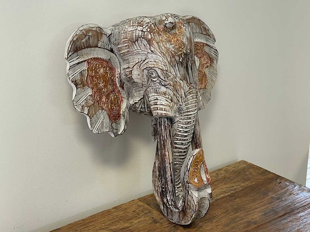 Olifantenkop in hout h48cm wit/goud - afbeelding 2 van  3