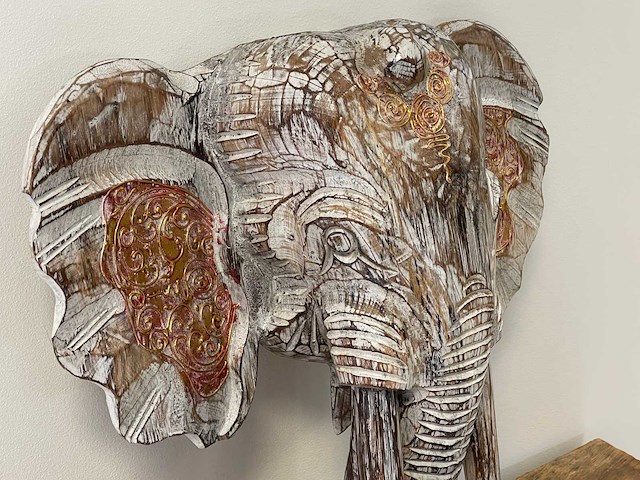 Olifantenkop in hout h48cm wit/goud - afbeelding 3 van  3