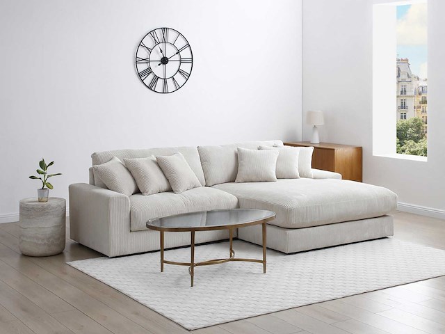 Omkeerbare hoekbank in beige stof - afbeelding 1 van  7