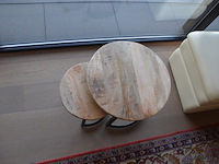 Opazetel, beige lederen poef, 2 ronde bijzettafeltjes - afbeelding 5 van  8