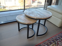 Opazetel, beige lederen poef, 2 ronde bijzettafeltjes - afbeelding 4 van  8