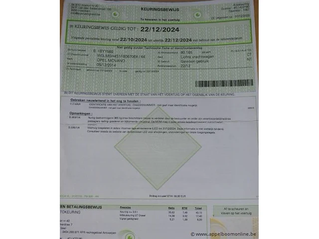 Open lichte vrachtwagen opel movano,diesel,2299cm³,92kw,1e inschr 05/12/14, w0lmsh4s1fb067064, 90958km, co²-uitstoot ng, euro5b, kenteken i+ii, gelijkvormigheidsattest, keuring tot 22/12/24, 2sleutels - afbeelding 10 van  22