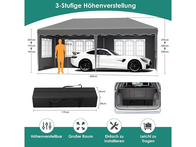 Opvouwbaar prieel - 3x6m - grijs - afbeelding 4 van  6