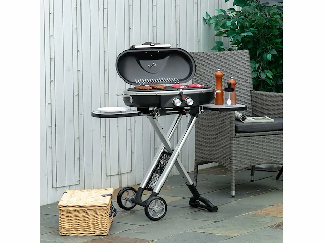 Opvouwbare grillwagen met roestvrij herstelplateau, aluminium, 100 x 41,6 x 82,5 cm, zwart/zilver - afbeelding 1 van  6