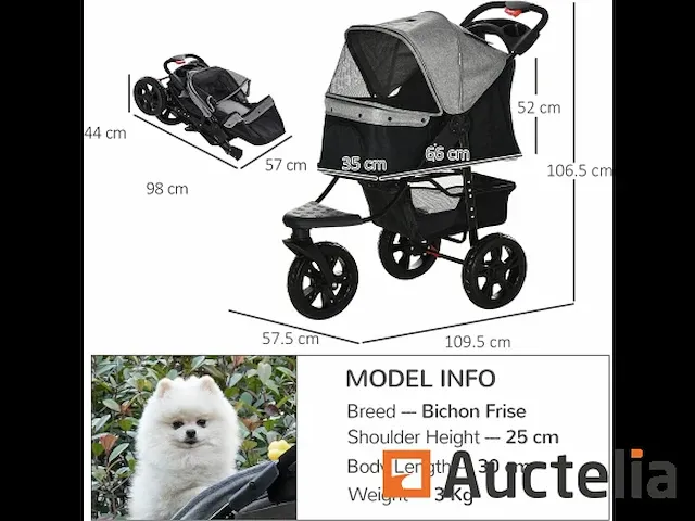 Opvouwbare kinderwagen voor huisdier 3 wielen voor hond - afbeelding 2 van  9