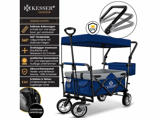 Opvouwbare trolley met dak strandtrolley | inclusief 2x 3-punts gordelsysteem - afbeelding 2 van  9