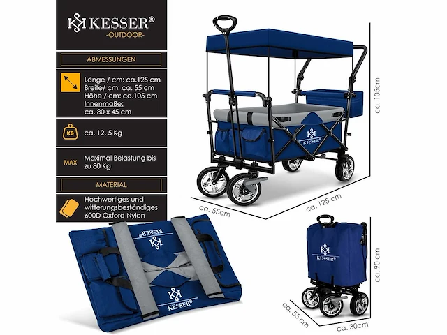 Opvouwbare trolley met dak strandtrolley | inclusief 2x 3-punts gordelsysteem - afbeelding 4 van  9