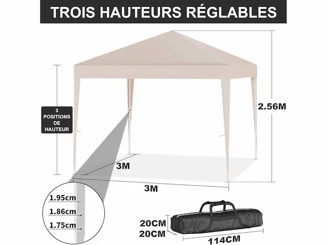 Opvouwbare tuinpaviljoen 3x3m draagbare pop-up tent - afbeelding 3 van  6