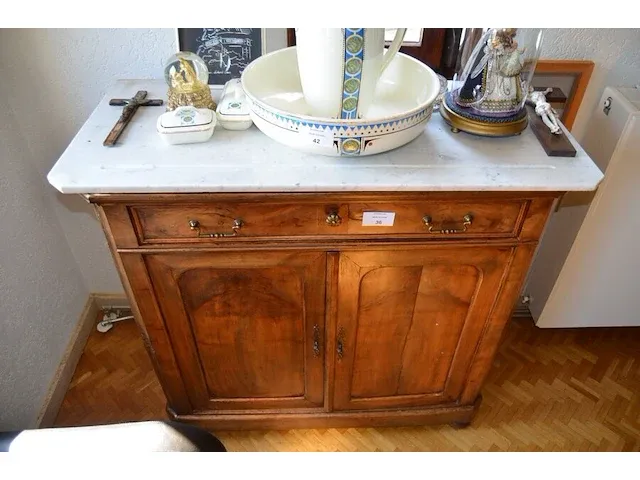 Oude houten kast 2 deuren 1 lade met marmeren blad - afbeelding 5 van  6