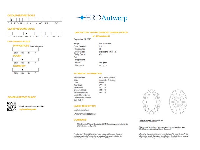 Oval diamant 0.52ct – e/vs1 – hrd - afbeelding 4 van  4