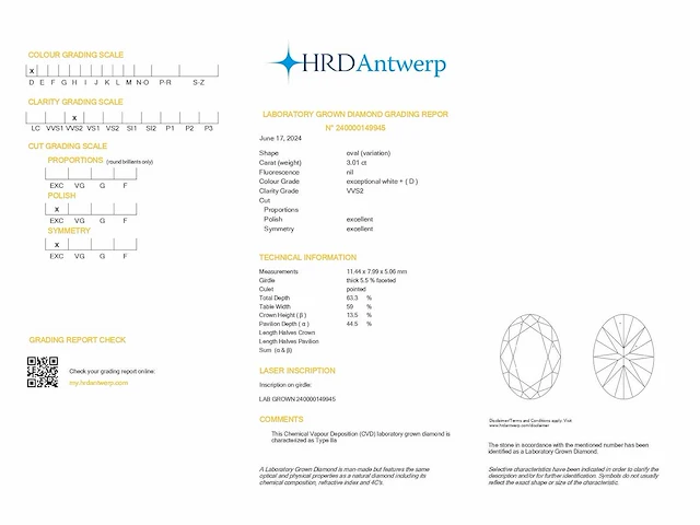 Oval diamond 3.01 - d/vvs2 (hrd certified) - afbeelding 4 van  4