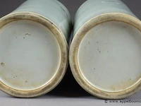 Paire de vases rouleau. décorés, en plein et en grisaille, de végétaux. porcelaine de chine. signés. xxe siècle. hauteur: 28,5 cm. condition: pas d'accident ni de restauration. - afbeelding 3 van  3