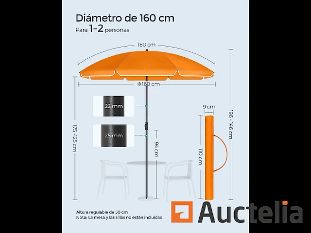 Parasol 160 cm, upf 50+, bidirectioneel kantelbaar 30° - afbeelding 2 van  7
