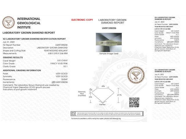 Pear diamant 0.51ct – fancy vivid pink/vs1 – igi - afbeelding 2 van  2