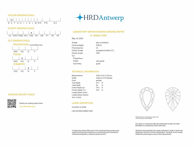 Pear diamond 0.88ct e/vs2 (hrd certified) - afbeelding 3 van  4