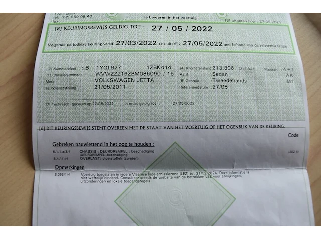 Personenwagen volkswagen jetta, type 16, variant aacffbx0, versie fm6fm62q025n7mgn1vr0, ch.nr. wvwzzz16zbm086090, bj.21.06.2011 (sleutel, boorddocumenten: geen inschrijvingsbewijs (roze formulier), gelijkvormigheidsattest) - afbeelding 17 van  30