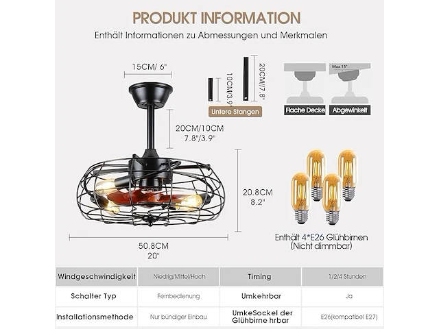 Plafondventilator met licht en afstandsbediening - afbeelding 4 van  4