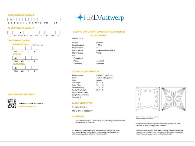 Princess diamant 1.90ct – e/vvs2 – hrd - afbeelding 4 van  4