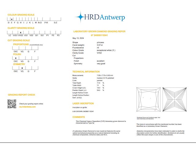 Princess diamant 3.07ct – e/vvs2 – hrd - afbeelding 3 van  3