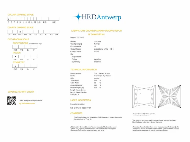 Princess diamond 1.03ct d/vvs2 (hrd certified) - afbeelding 4 van  4