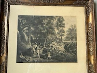 Print in gouden kader met jachttaferelen - afbeelding 1 van  7