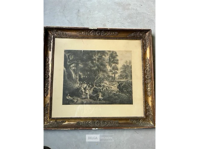Print in gouden kader met jachttaferelen - afbeelding 2 van  7
