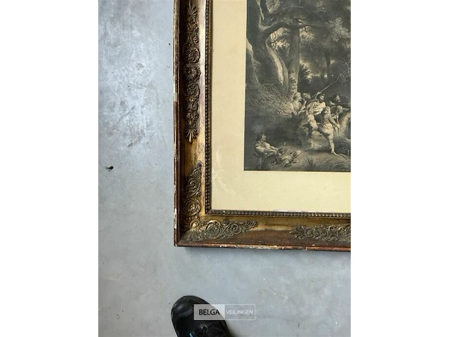 Print in gouden kader met jachttaferelen - afbeelding 3 van  7